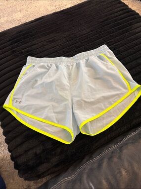 Under Armour Women's Light Blue Athletic Shorts with Neon Yellow Trim